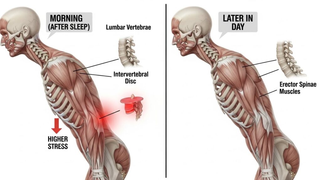Forward bending places higher stress on the lower back in the morning after sleep
