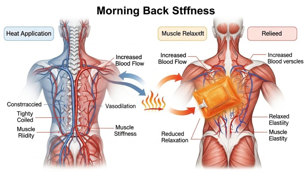 Diagram showing how heat improves comfort when morning back pain feels stiff