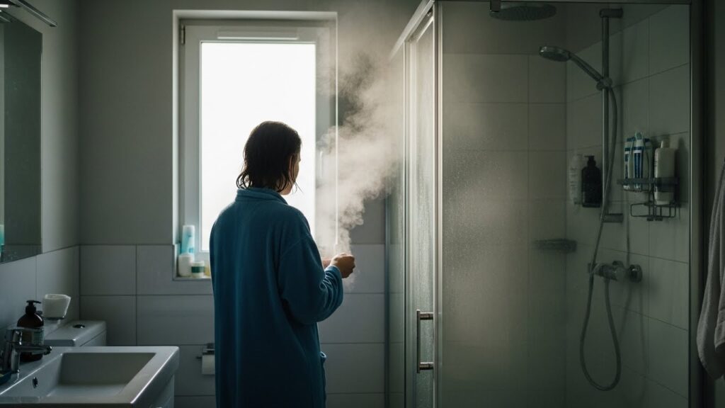 Photorealistic morning bathroom scene, soft steam from shower, person standing relaxed with neutral posture, no visible face, natural light, calm documentary style