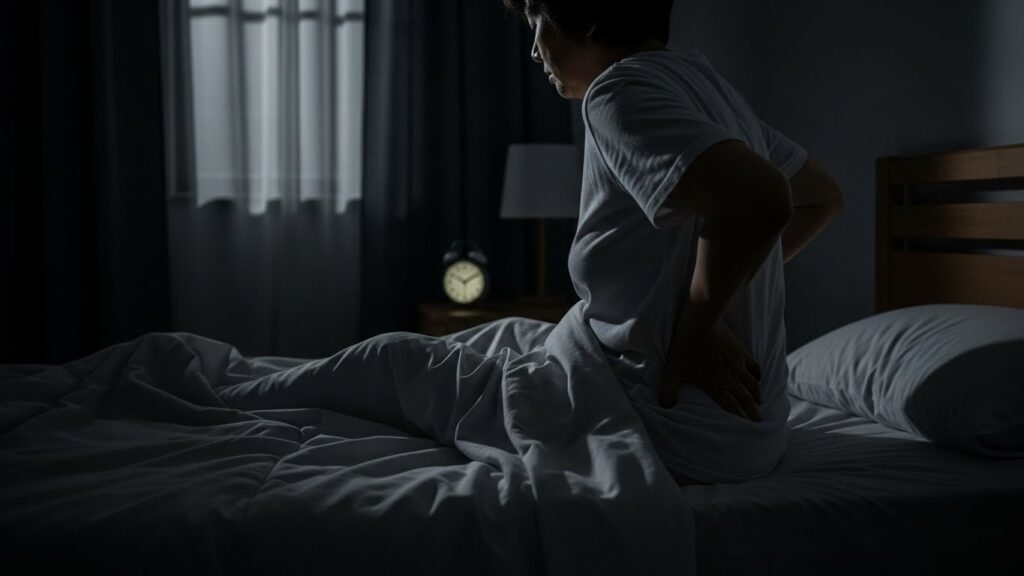 Dim bedroom at 4 a.m. with a person awake in bed, hand on lower back, soft moonlight and quiet mood