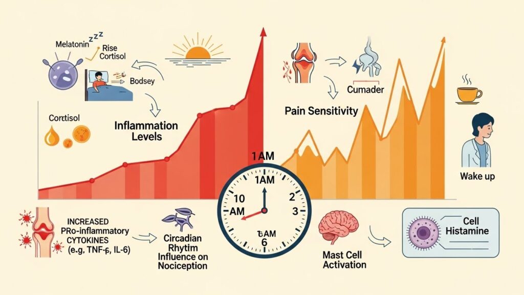 Infographic showing how inflammation and pain sensitivity can rise in the early morning hours