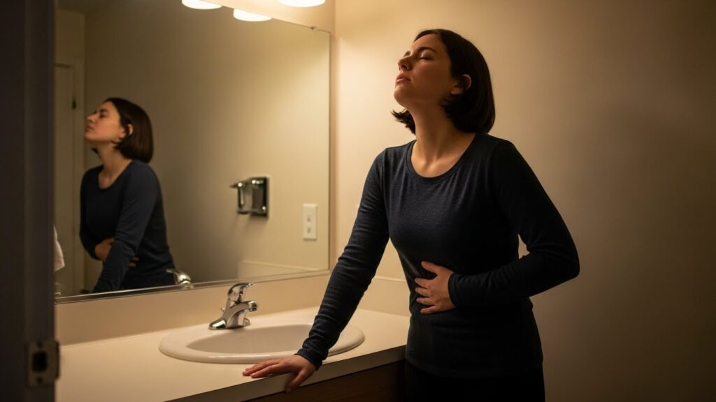 Person at a bathroom sink using one hand on the counter for support while gently bracing the abdomen before a sneeze, neutral posture, realistic lighting