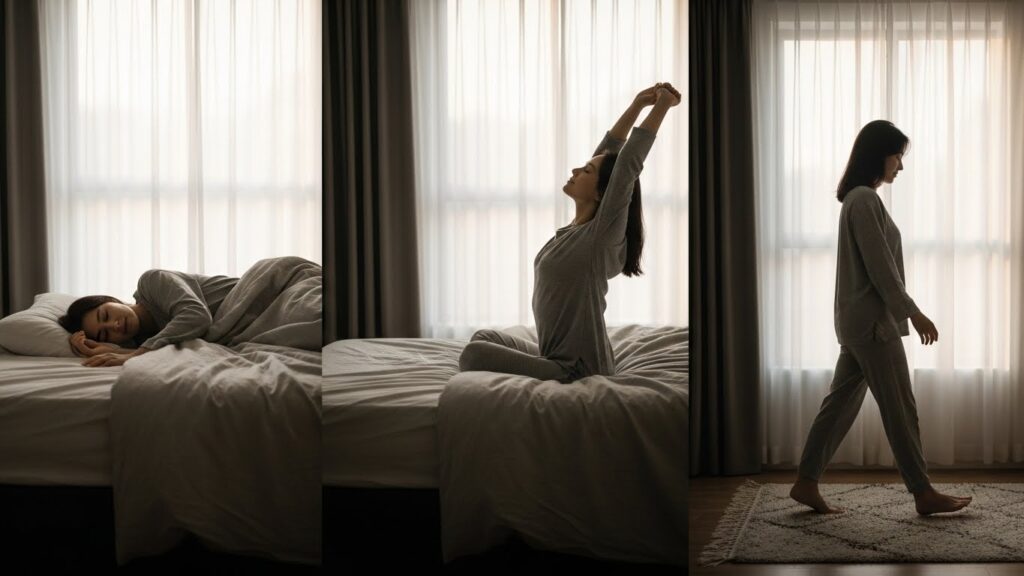 Gentle morning transition routine: slow roll to the side, sit up, then a short walk to reduce stiffness after sleep