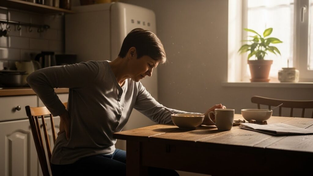Person experiencing morning back pain before breakfast while sitting at table