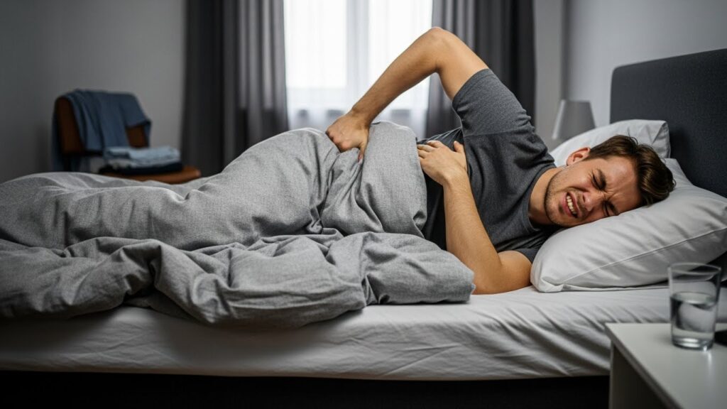 Waking up with morning back pain after sleeping too still with tight tucked bedding and limited turning