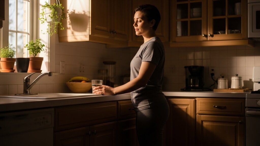 Person in morning kitchen light holding a glass of water then doing a gentle mini hip hinge beside a counter, calm posture and relaxed shoulders