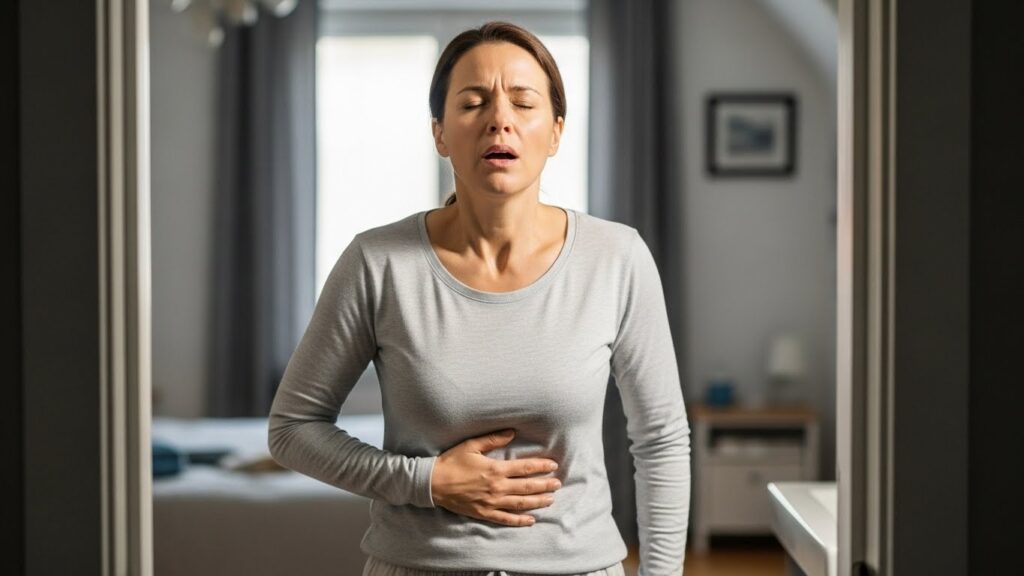 Person in soft morning light sneezing with one hand lightly bracing the abdomen and an upright neutral posture, realistic home scene