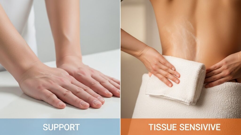 Clean concept photo showing supportive hands on a counter for stability versus a warm towel on the lower back, illustrating muscle support and tissue sensitivity without text overlay