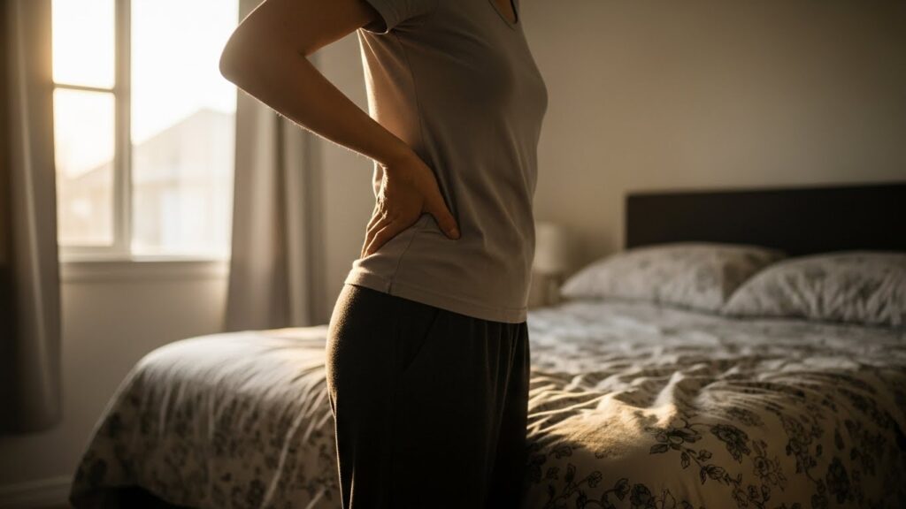 Person standing beside bed in soft morning light, moving slowly as if joints feel stiff at first