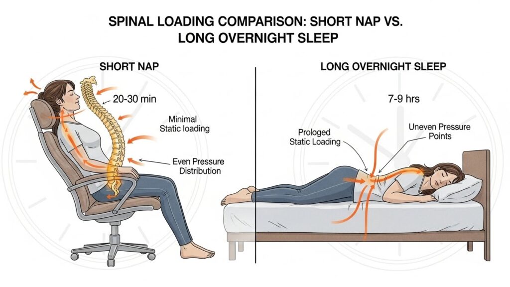 Concept illustration of short nap limiting static spinal loading compared with long overnight sleep posture