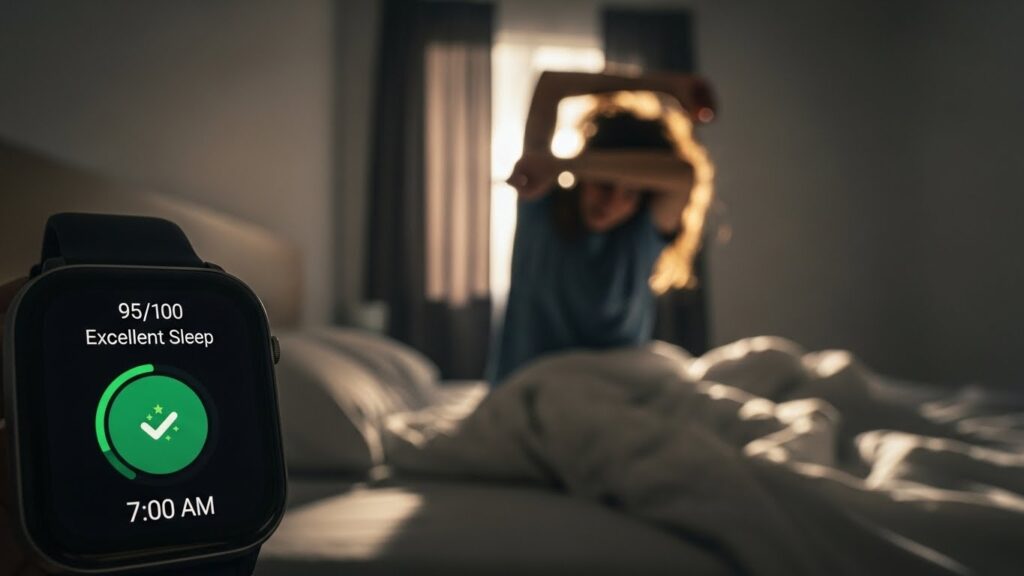 Smartwatch or sleep tracker showing high score, person stretching uncomfortably in bed, photorealistic