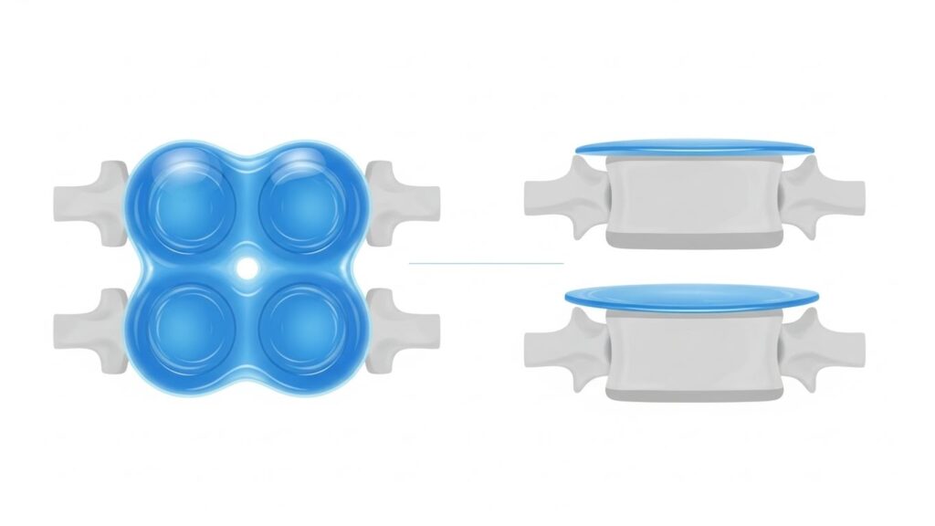 Clean visual concept of spinal discs as water-rich cushions that feel less springy when dehydrated, minimalist infographic style with no text overlay