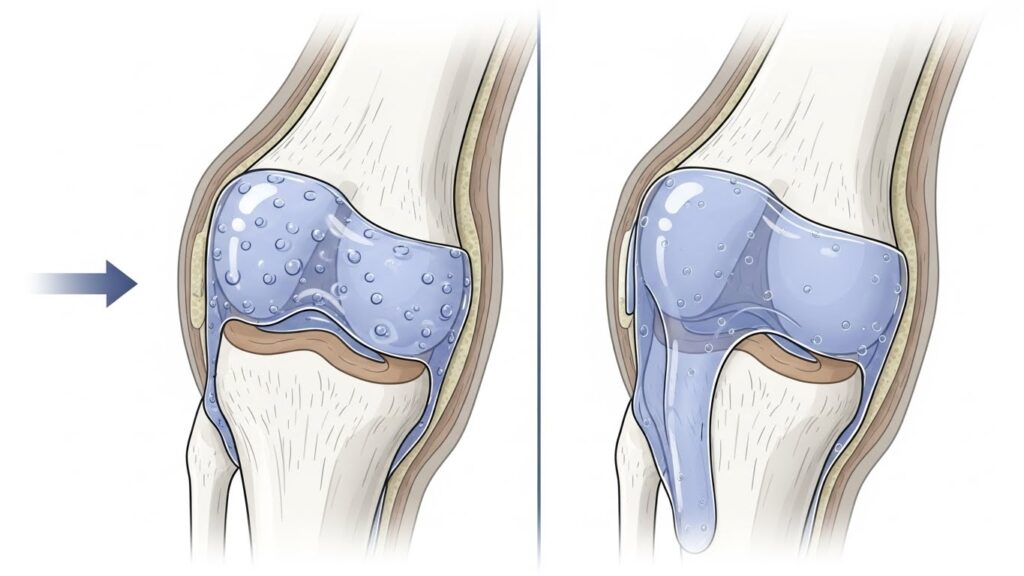 Clean infographic-style image showing gel-like joint lubrication becoming smoother after gentle movement, no text overlay